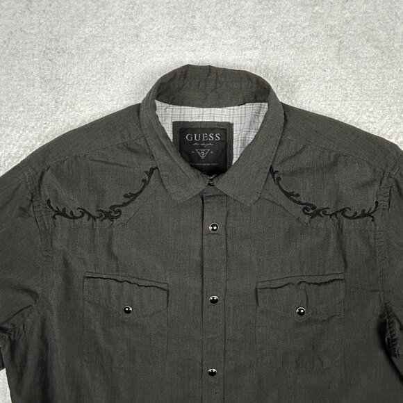 Guess Shirt Mens L Pearl Snaps Embroidered Grey Contrast Trim Western Cowboy - Picture 4 of 15
